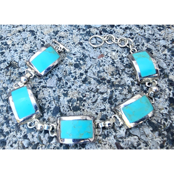Vintage Mexico Sterling Silver Turquoise Link Bracelet 8.25" - Picture 1 of 3